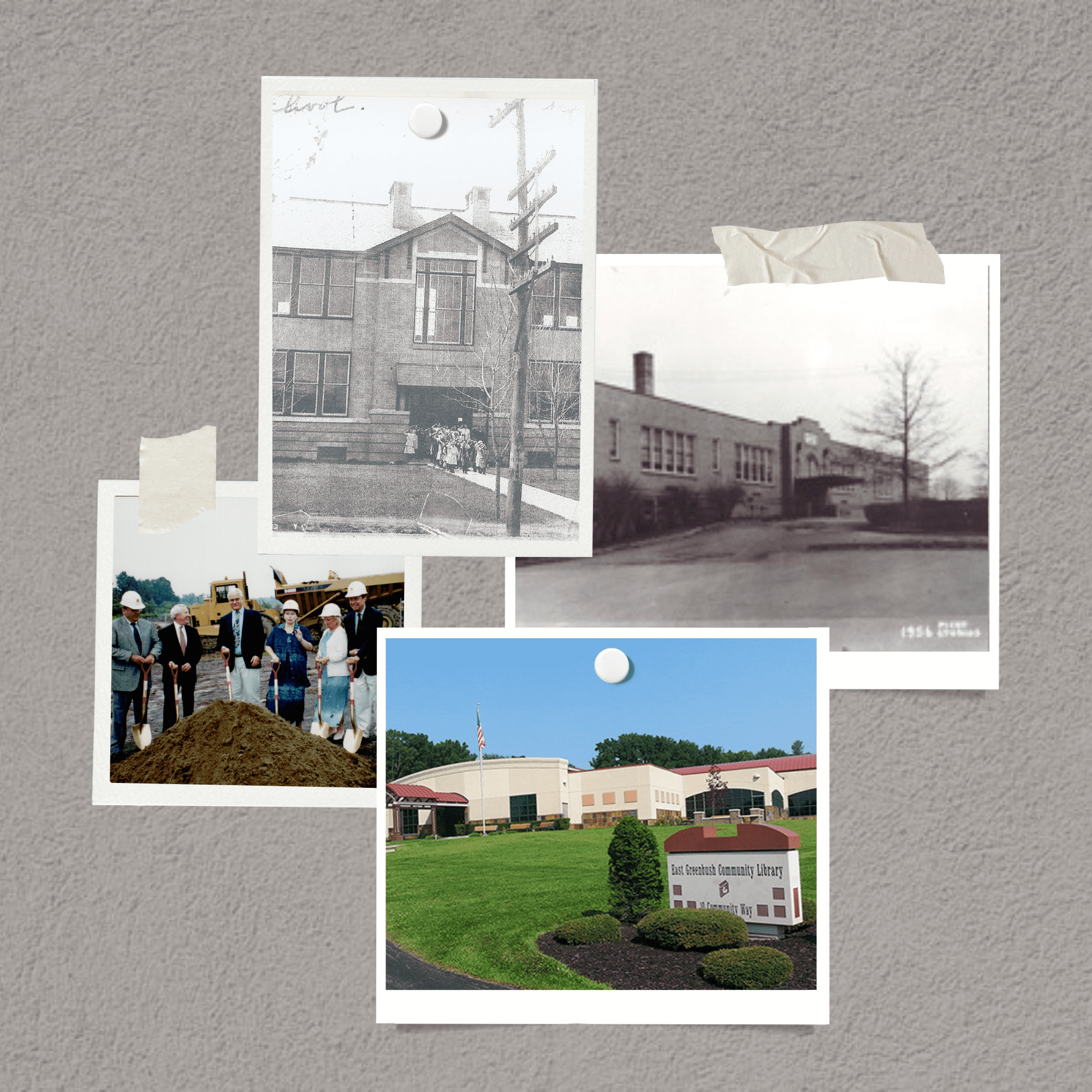 collage of 4 images of original association libraries, ground breaking and new library building