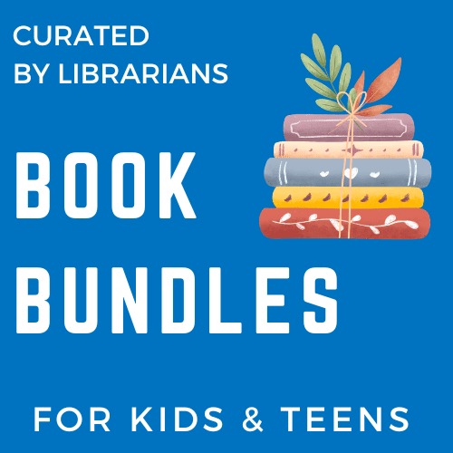 Text reading book bundles with a graphic of a stack of books wrapped with a piece of string